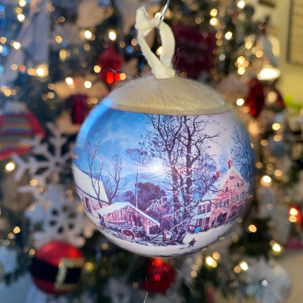 VINTAGE 1975  Christmas SATIN BALL ORNAMENT Winter In The Country Currier & Ives